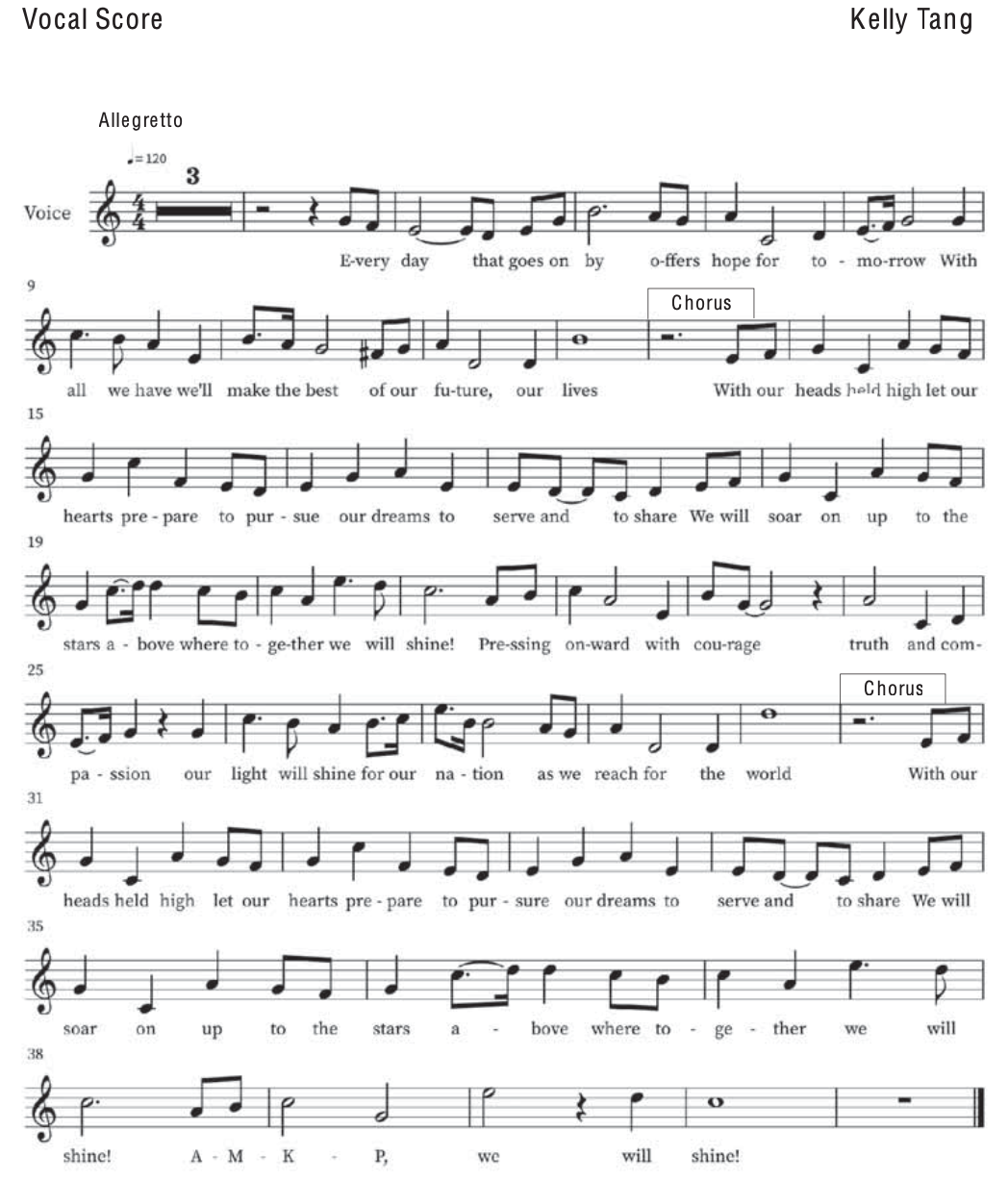 Vocal score sheet music by Kelly Tang, Allegretto at 120 bpm, with lyrics about hope, dreams, and shining together.